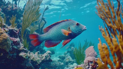 Naklejka premium A fish swims near corals and seaweed on a coral reef's bottom