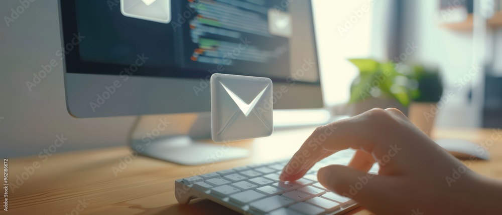 Poster a hand typing on a keyboard with an email notification above a modern computer, illustrating digital