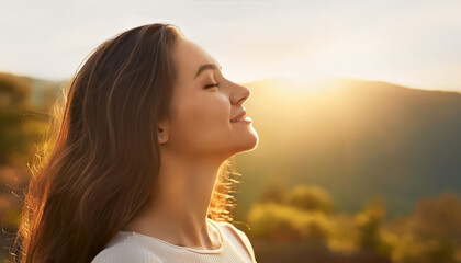 Young woman with long hair enjoying sun with closed eyes getting natural vitamin D outdoors