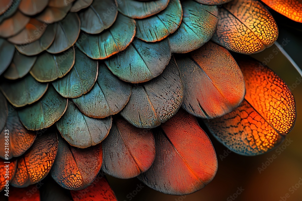 Poster close-up of vibrant, iridescent scales showcasing a stunning array of colors and intricate textures 