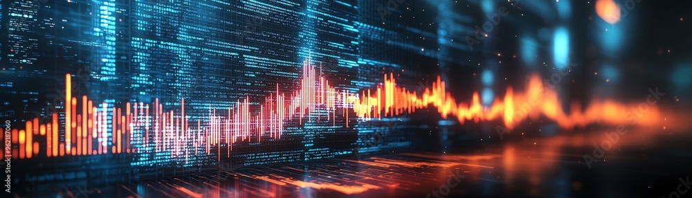 Poster dynamic abstract visualization of data trends with vibrant colors and intricate details, perfect for