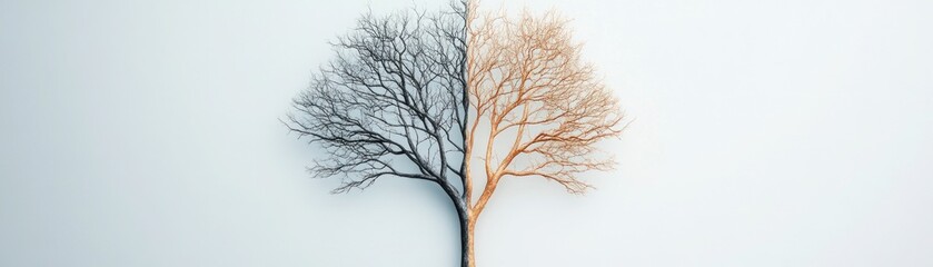 Fototapeta premium A tree with withered branches on one side and flourishing leaves on the other, representing the duality of grief and growth