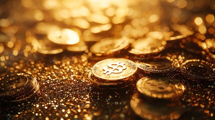 Golden coins scattered on a shimmering surface, reflecting light and creating a warm ambiance of wealth and luxury.