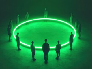 A group of people with toxic green auras surrounding them, while one person steps out of the circle into a brighter, healthier space