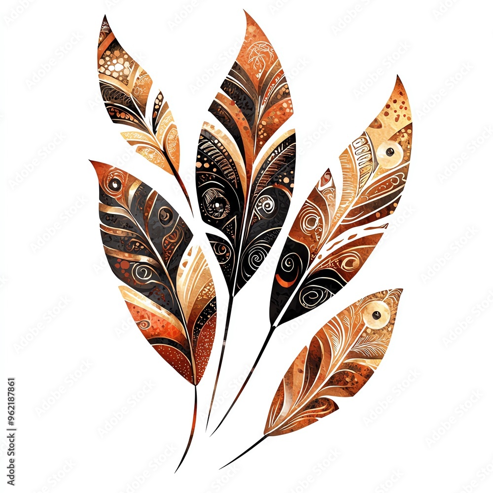 Poster stylish decorative feathers with intricate patterns in warm tones, perfect for artistic and creative