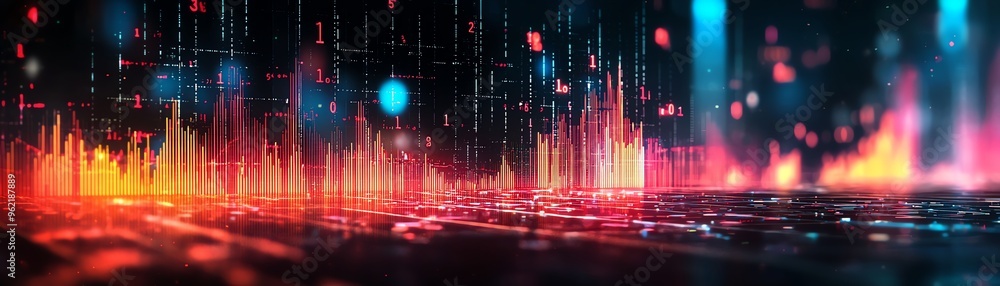 Poster vibrant digital sound waves with dynamic lights and colors, creating a modern and energetic visual f
