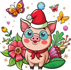 Cute Cartoon Pig with Santa hat, butterflies, heart, glasses, Flower  on white background. Vector illustration.
