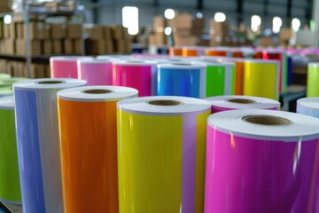 Fototapeta premium Colorful labels on rolls for thermal printer Different options for printing ads