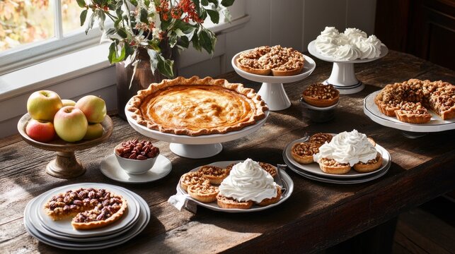 Classic Thanksgiving dessert spread with pumpkin pie, apple pies, and pecan tarts on rustic wooden table