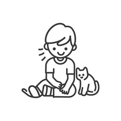 Boy Sitting with a Cat and a Bandaged Leg