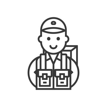 recommend clip art: Line art illustration of a smiling delivery person with a backpack