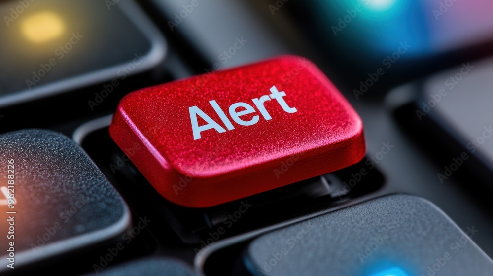 Poster a close up of a red button on the keyboard that says alert, ai