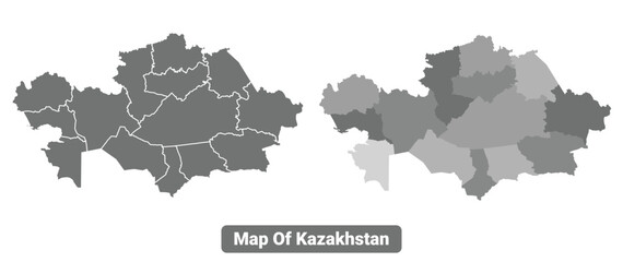 Greyscale Kazakhstan political map with borders outline style vector illustration set