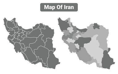 Greyscale Iran political map with borders outline style vector illustration set