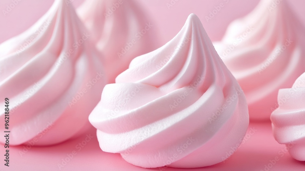 Poster A group of five white meringue toppings on a pink background, AI