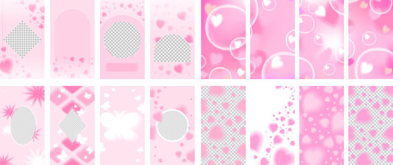 Subtle Pink stories set. Hearts trail on transparent background, aura blurred bubbles. Stock vector illustration isolated on white background.