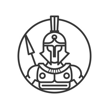 recommend clip art: Line art illustration of a spartan warrior in armor with a spear