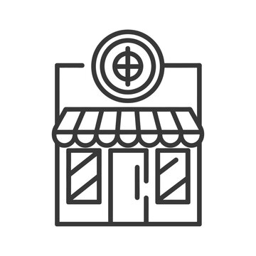 recommend clip art: Line art illustration of a storefront with a target symbol above it