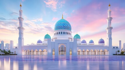 Obraz premium An enchanting view of a grand mosque at sunset, featuring stunning architecture and a tranquil reflection on water.