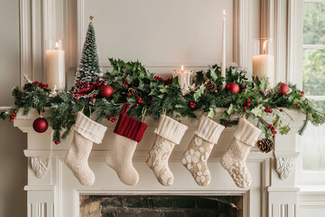 Cozy Christmas Mantelpiece: Garlands, Stockings, and the Glow of Candles.