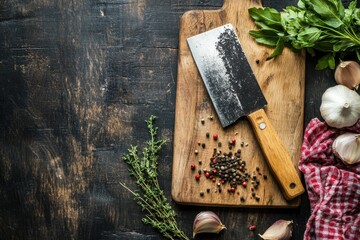Cutting board with herbs and meat cleaver on dark wood background