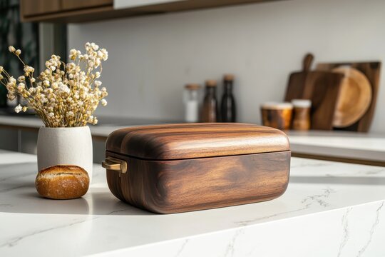 Decorative elements in kitchen on white countertop with wooden bread box