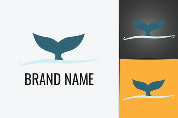 Blue Whale tail logo diving in water. Ocean or sea underwater logotype