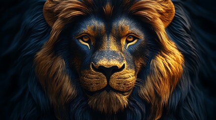 Naklejka premium A close-up portrait of a majestic lion with golden and blue fur, staring directly at the camera.