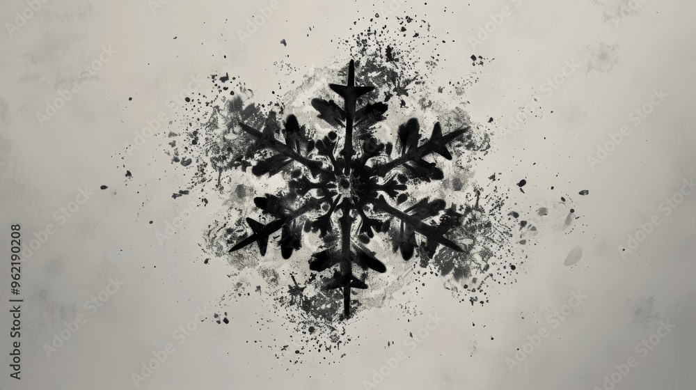 Poster a stylized black snowflake is depicted against a light background with a dynamic splattered ink effe