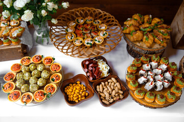 Assortment buffet, Different canapes, various snacks, Catering table, meat specialities, catering wedding buffet, beer bar, salty nuts, party or wedding, Celebration, gala reception, corporate