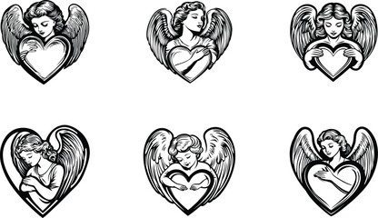 Webangel holds a heart. engraving line vector illustration. Cupid with heart. valentine's day art