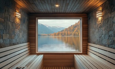 Award-Winning Modern Wooden Steam Room with Lake and Mountain Views, Featuring Natural Light and LED Accents. AI generated illustration
