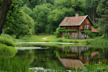 Obraz premium House made of wood next to a pond