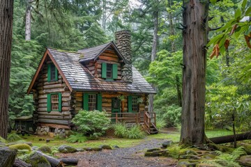 In a dense woodland stands a rustic log cabin blending with nature