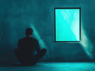 A person sitting alone in a dimly lit room, holding a shattered picture frame, light streaming through a cracked window