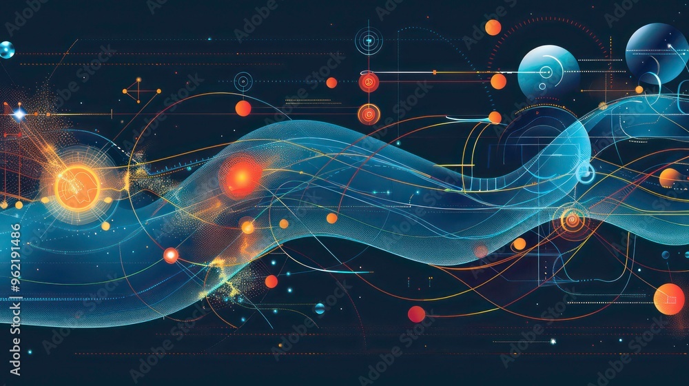 Poster abstract digital art with glowing lines and orbs on a dark background.