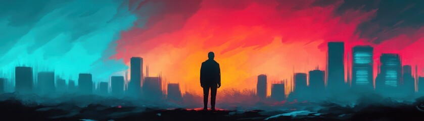 Obraz premium Toxic individuals as digital entities, their negativity causing environmental decay in a futuristic world, where harmony struggles against the spread of corruption