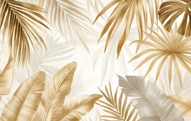 Luxury Beige Palm Leaves and Tropical Plants Pattern on White Background. AI generated illustration