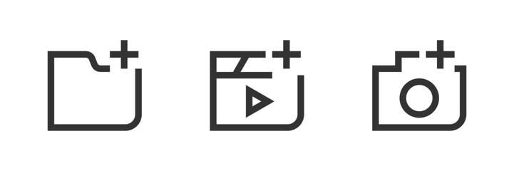 Add photo, video or reels, document or folder outlined illustration set. Vector icons in flat style.