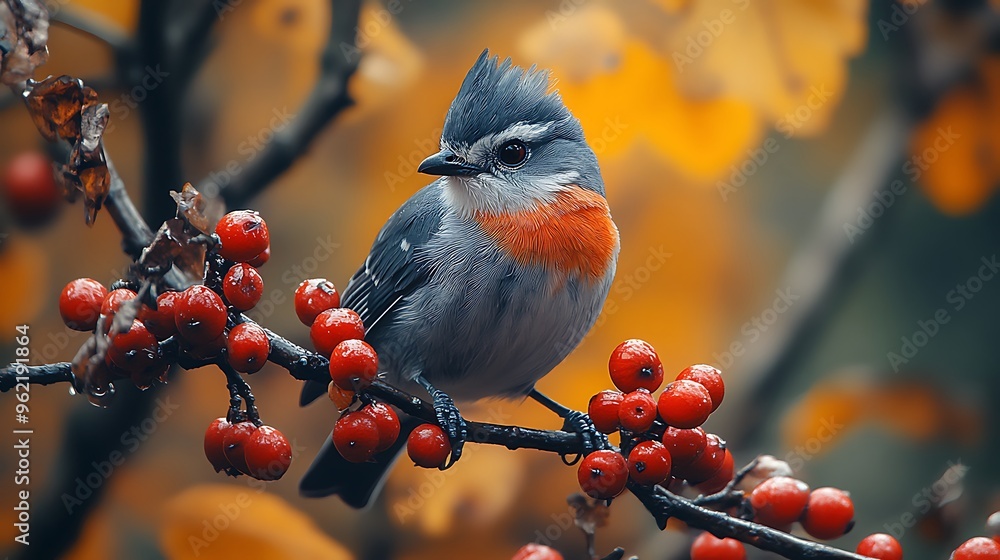 Poster a small blue bird with a red breast sits on a branch of a tree with red berries against a blurry bac