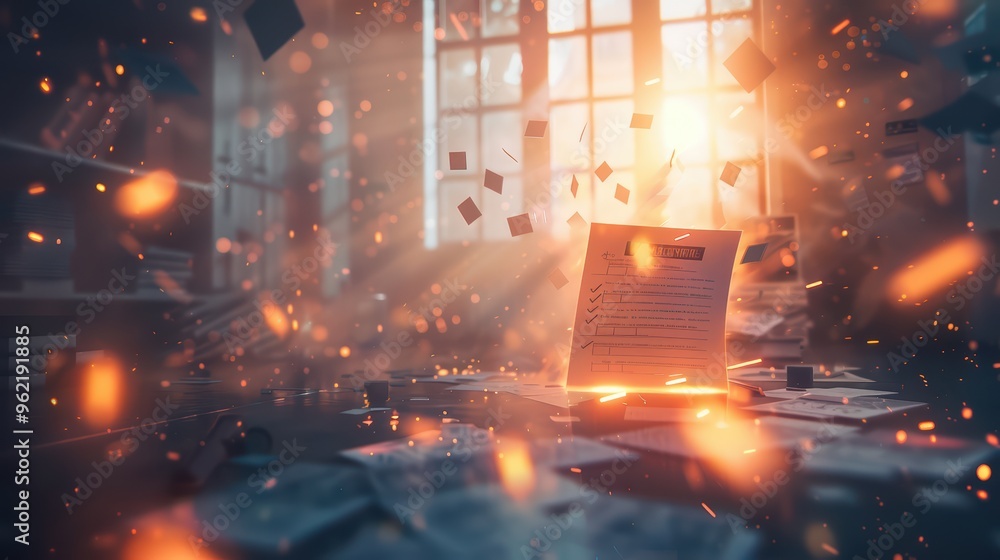 Poster an enchanting scene of floating papers illuminated by warm light in a cozy library, creating a magic