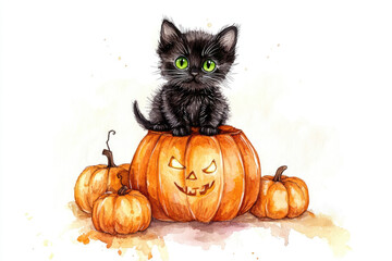 funny cute kitten sits on pumpkin, autumn harvest and Halloween watercolor illustration
