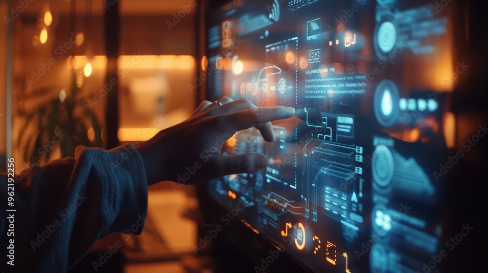 Poster close-up of a hand interacting with a futuristic touchscreen interface displaying data and technolog