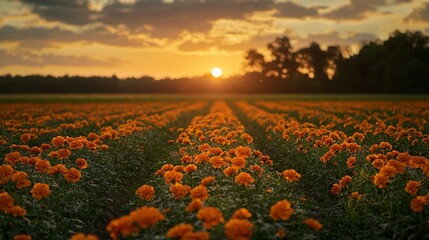 Fototapeta premium A field of orange flowers bathed in the sunset, with trees in the background