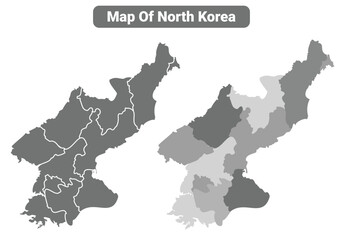 Obraz premium Greyscale North Korea political map with borders outline style vector illustration set