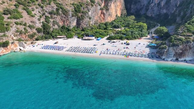 Ionian sea Gjipe beach canyon. Albania blue turquoise beach