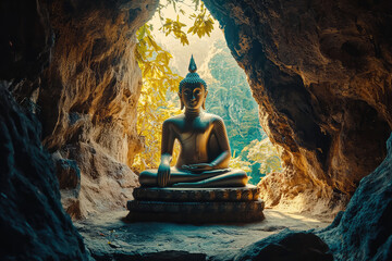 A Golden Buddha Statue, Serene and Peaceful, Resides in a Cave Temple, Bathed in Soft Light