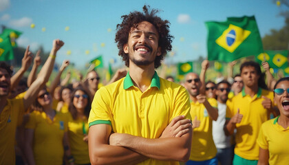 Obraz premium Smiling Man with Arms Crossed and Brazilian Flags During Political Demonstration on Avenida Paulista 
