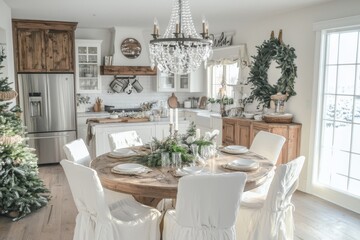 A inviting white dining room features a round wooden table surrounded by elegant chairs, adorned with winter decorations and natural elements.