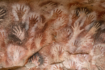 Ancient rock art at Cueva de Las Manos ( Cave of the Hands ) in Santa Cruz Province, Patagonia,...